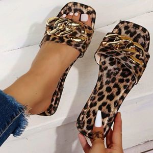 Leopard Gold Chain Slide Sandals 🐆